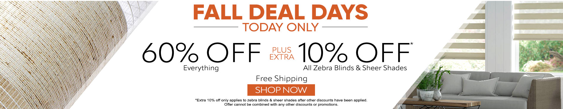 60% off everything plus extra 10% off zebra blinds and sheer shades